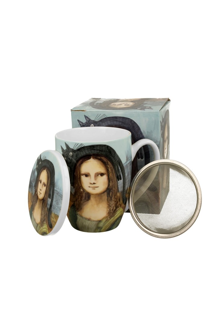 Porcelánový hrnček s mačkou Mona Lisa a nerezovým čajovým sitkom