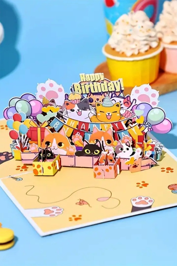 Rozkladacie narodeninové prianie s mačkami, balónmi a girlandou Happy Birthday 3D